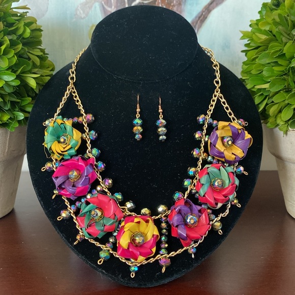 MEXICAN HANDCRAFTED JEWELRY SET FLORAL PALM LEAF MULTICOLOR NECKLACE & EARRINGS - Picture 16 of 17